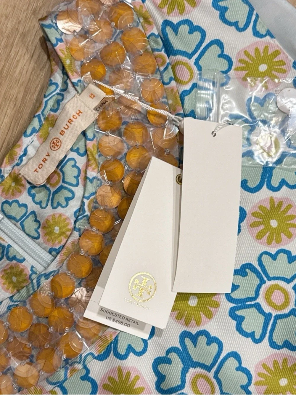 Tory Burch Blue Floral Midi Dress with Yellow Accents